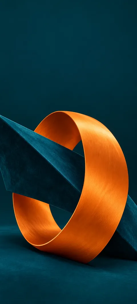 Orange abstract loop crossed by a diagonal teal velvet plane.