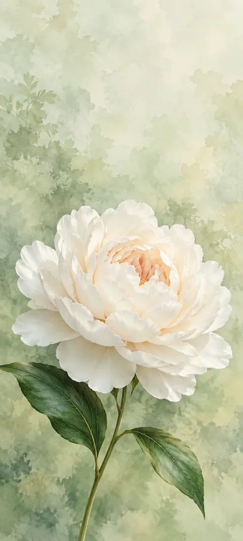 An ivory peony with layered petals and green leaves against pale sage.
