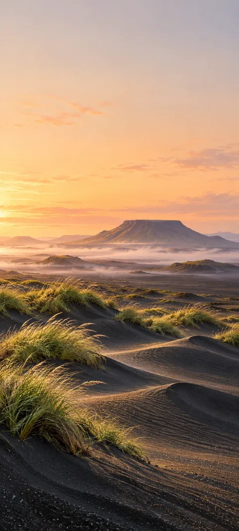 Golden grass on black dunes beneath a misty volcanic ridge and apricot sky.