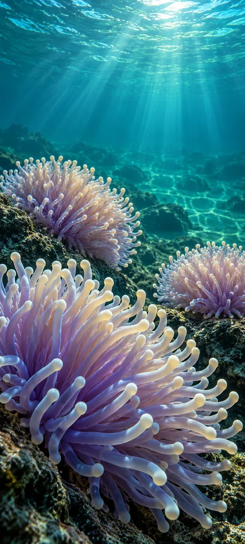 Three lavender sea anemone clusters on dark rocks in turquoise water with light filtering from above.
