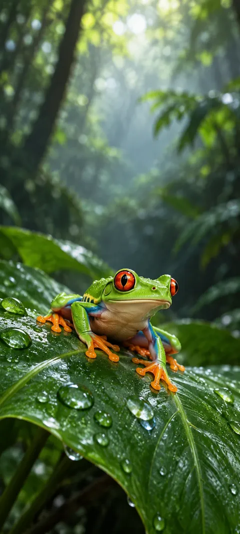 A green red-eyed tree frog with orange toes sitting on a wet leaf.