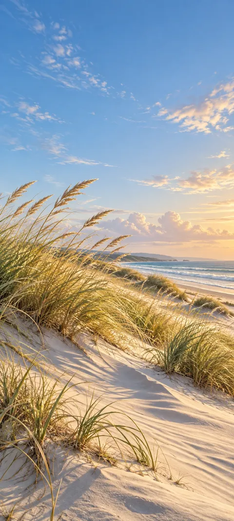 Pale dune grass bends across a quiet sand ridge beneath a blue sky.
