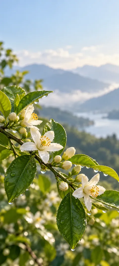 Small lemon blossoms open along a slender green branch.