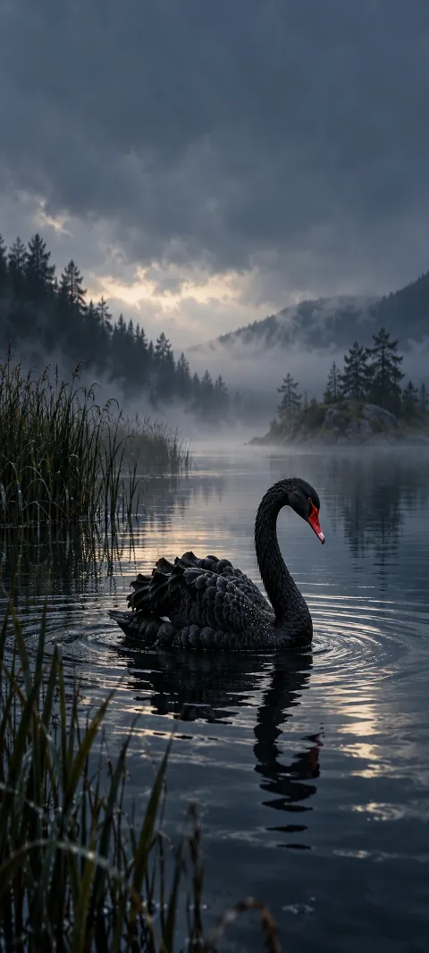 A black swan glides across a dark reflective cove.