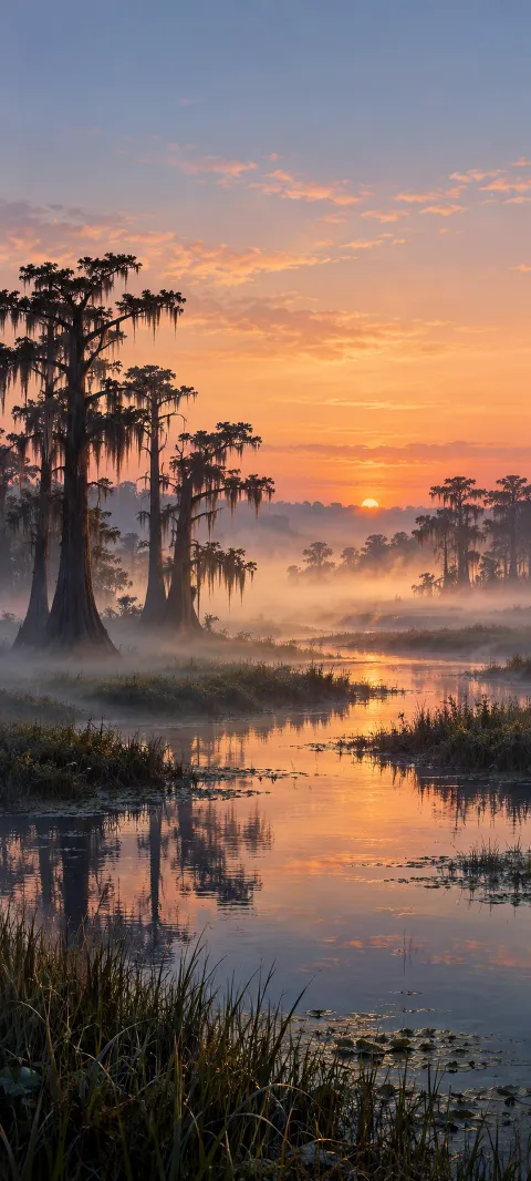 Cypress silhouettes line a winding channel in low morning fog.