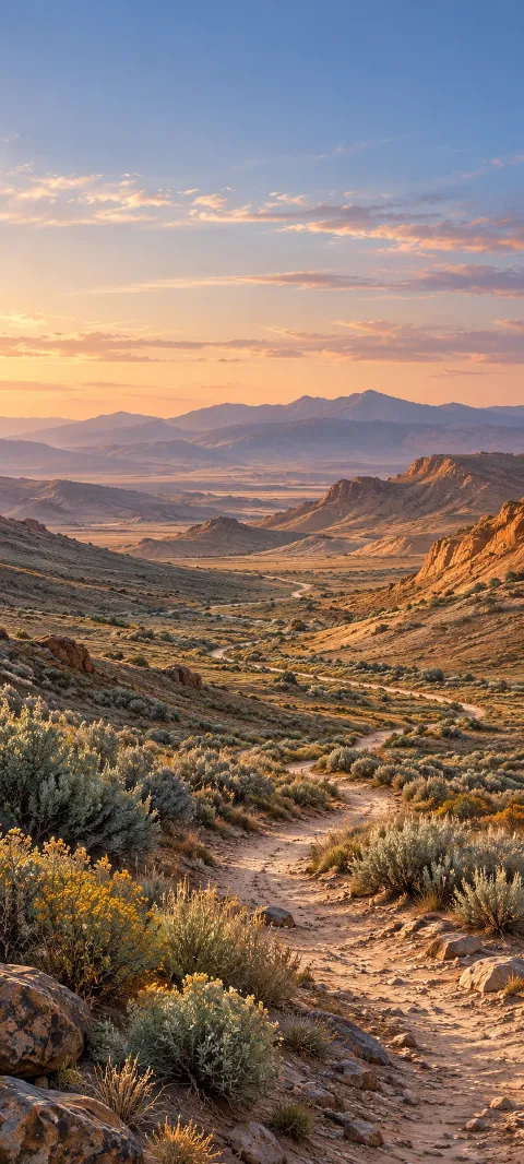 Sagebrush and pale stones catch low light across a dry valley.