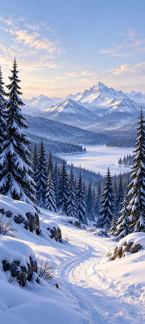 Curving snowy trail through pines toward a frozen lake and distant white peaks.