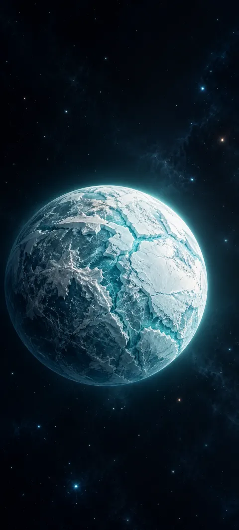Complete icy blue planet with white fractured surface and faint stars behind.