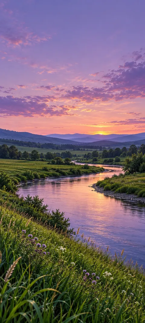 A curving river between green meadow banks beneath violet and peach evening sky.