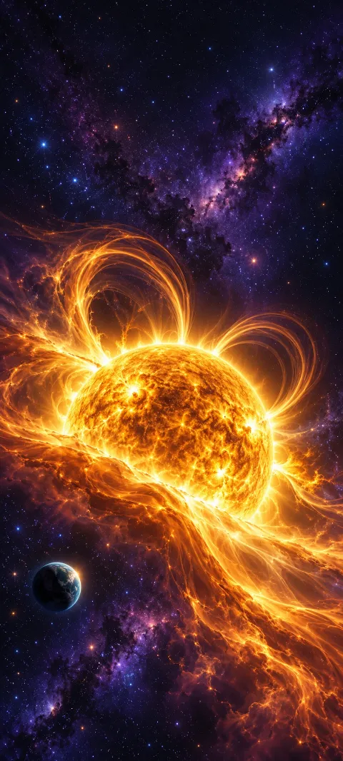 Golden star with solar flare loops and plasma veil against violet space with a small blue planet.