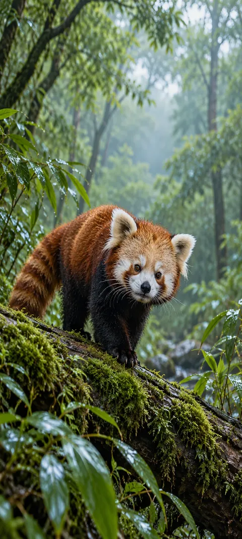 A red panda balances on a mossy log.