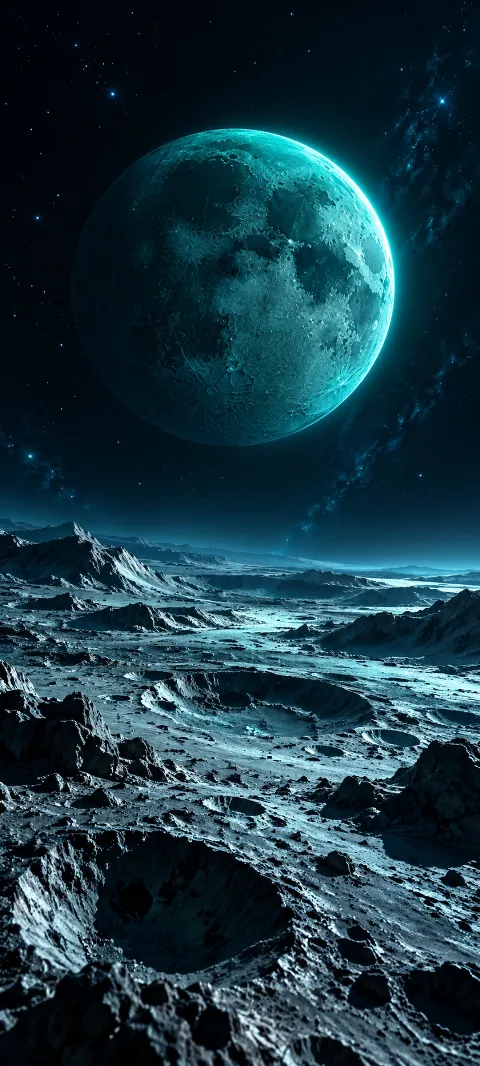 A teal moon floats above quiet craters.