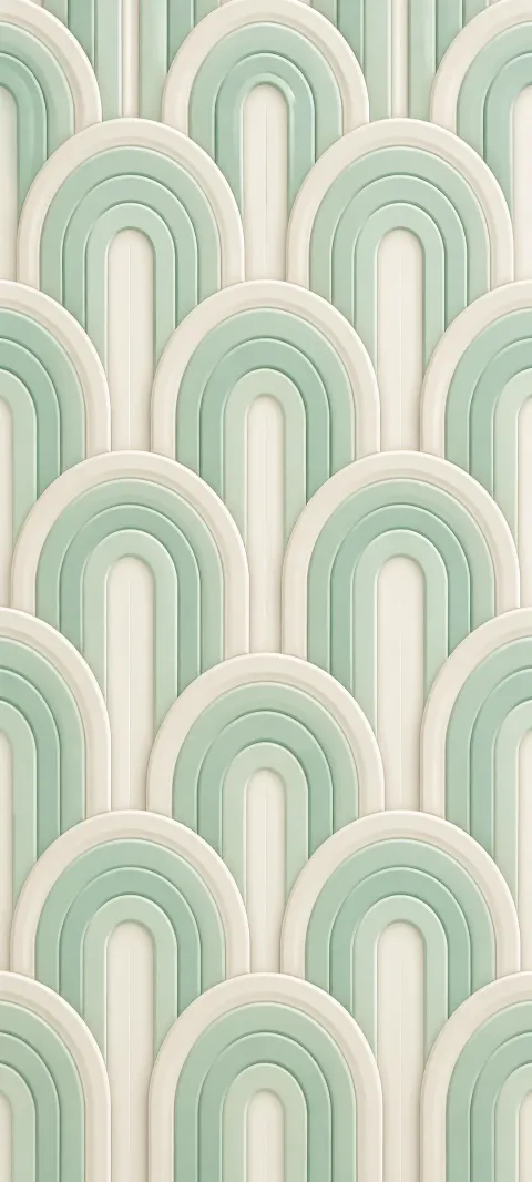 Mint arches repeat across a warm ivory field.