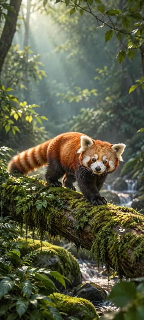 A red panda balances on a mossy log.