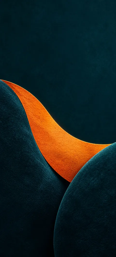 Textured orange abstract curve between rounded dark teal forms.
