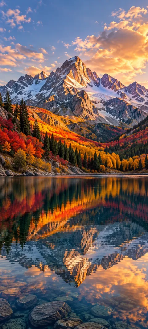 Red and gold slopes reflect in a mountain lake.