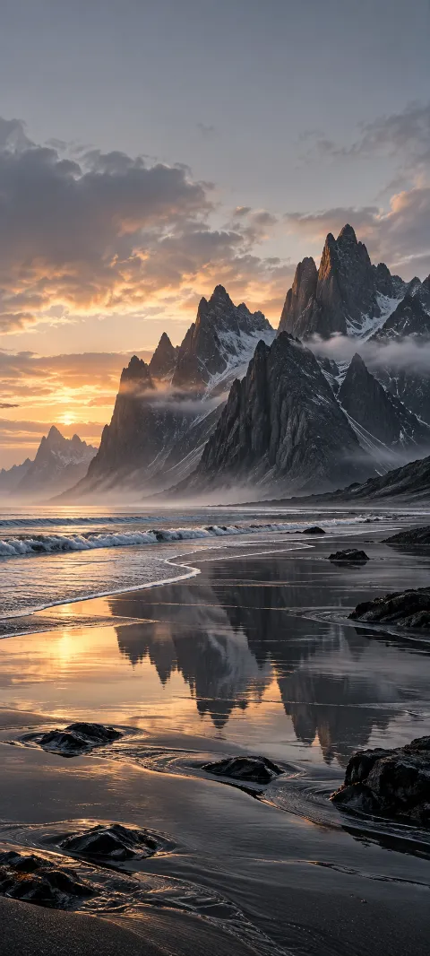 Dark basalt mountains meet a reflective gray shore.