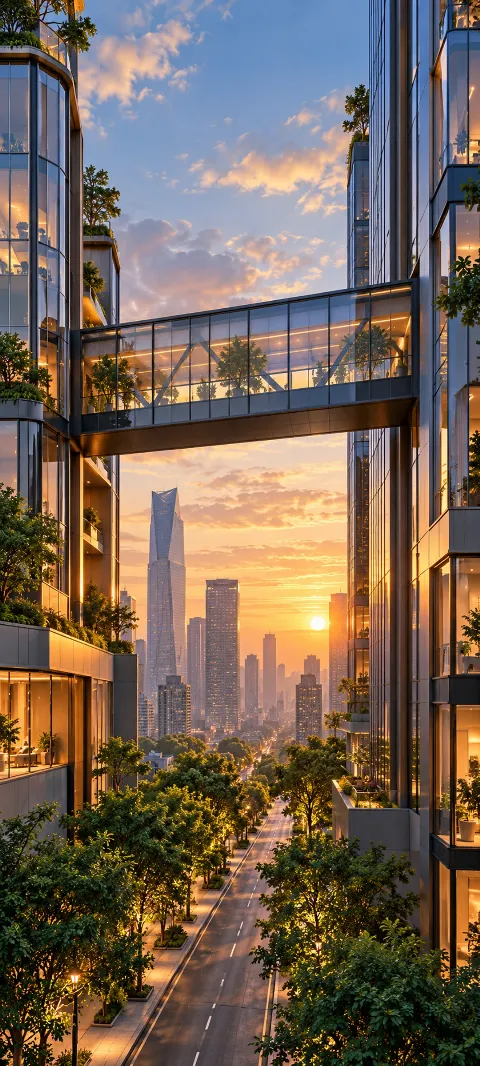 A glass skywalk links slender buildings above a tree-lined street.