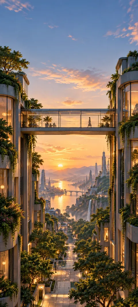 A glass skywalk links slender buildings above a tree-lined street.