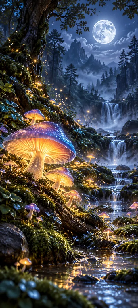 Luminous toadstools line a quiet forest glen.