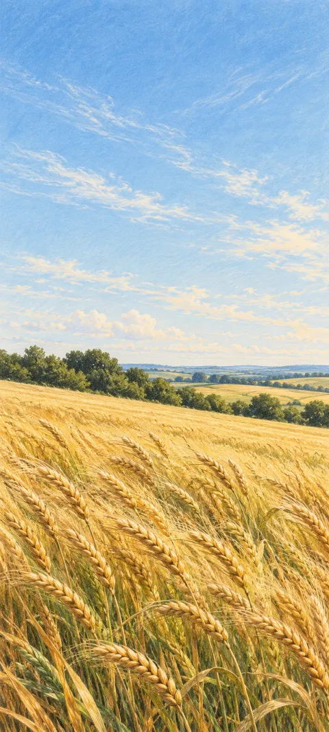 Golden wheat bending toward a low green hedgerow under a pale summer sky.
