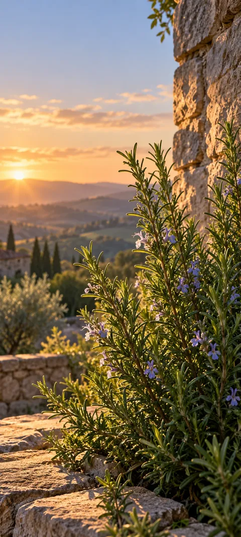 Rosemary stems catch warm light against a stone wall.