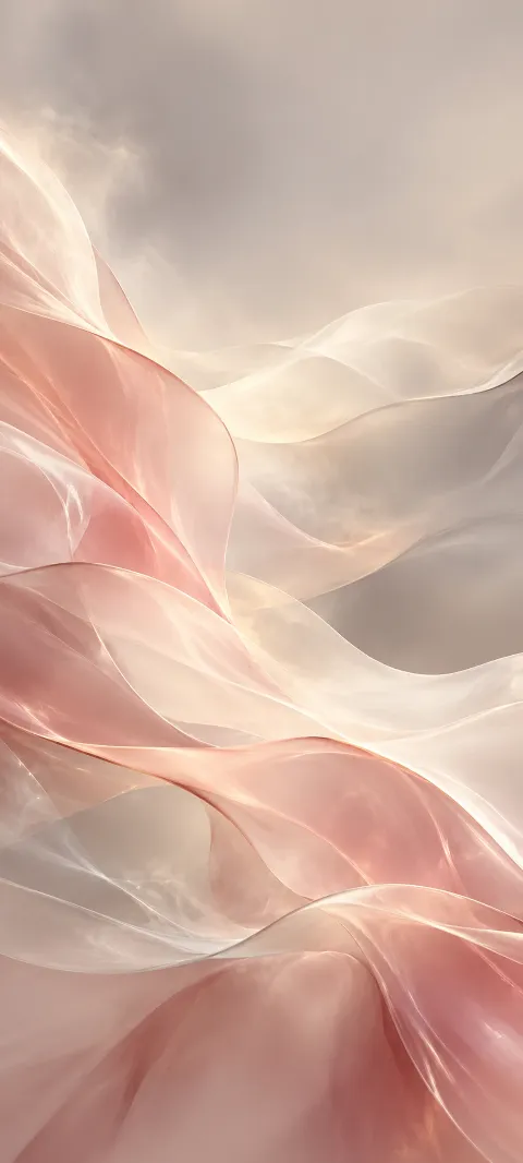 Rose and cream translucent forms drift across a warm gray field.