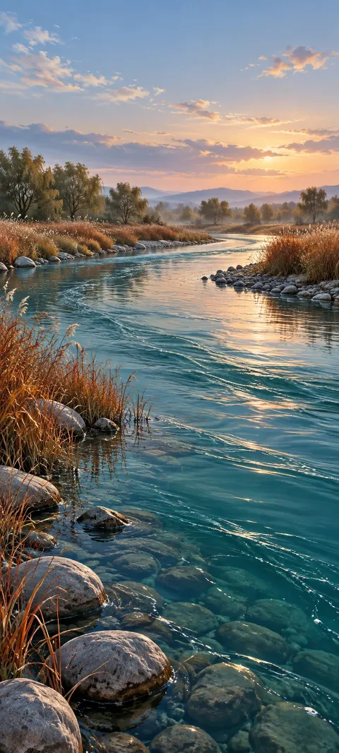 A teal river curves past copper reeds and gray stones in soft evening light.