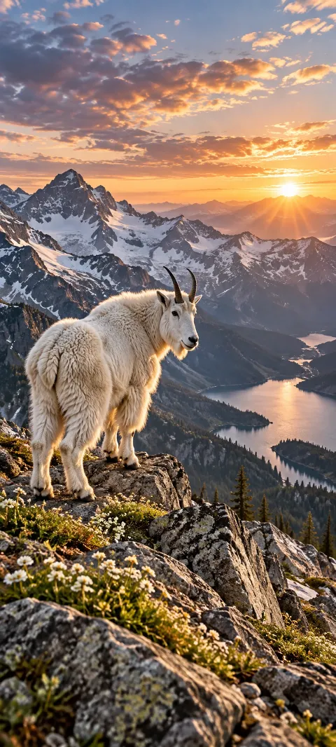A mountain goat stands on a rocky high ridge.