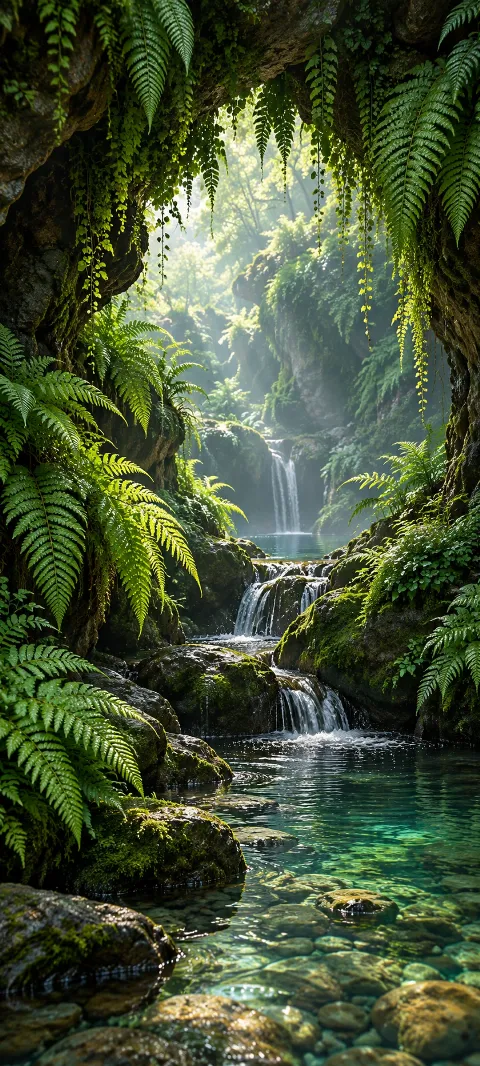 A fern grotto glows beneath a break in the canopy.