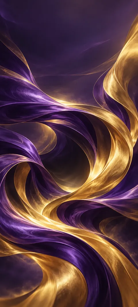 Violet and gold ribbons curl around a dark opening on purple.