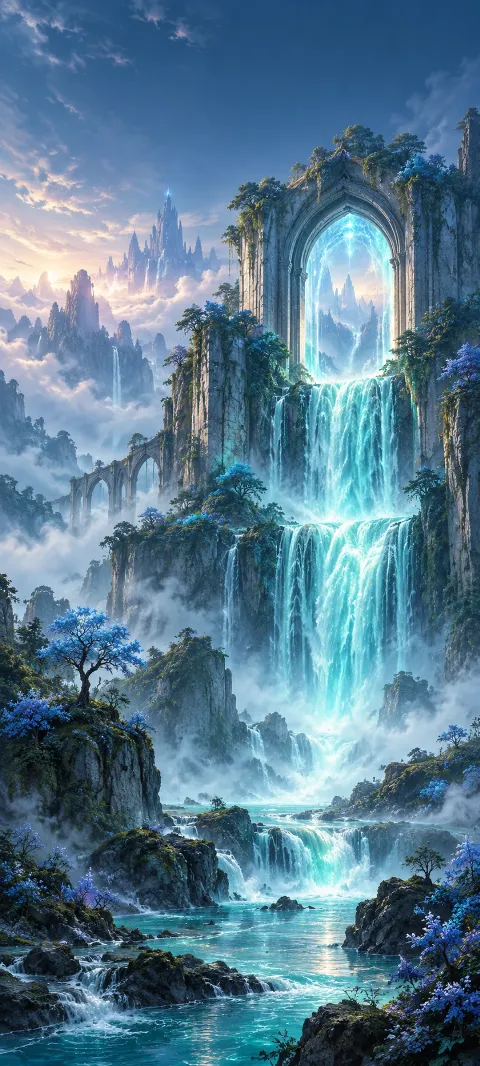 A stone gate stands behind a teal waterfall.
