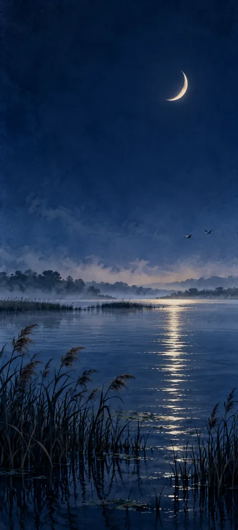 Crescent moon above a still blue lagoon with reeds, mist and two distant birds.