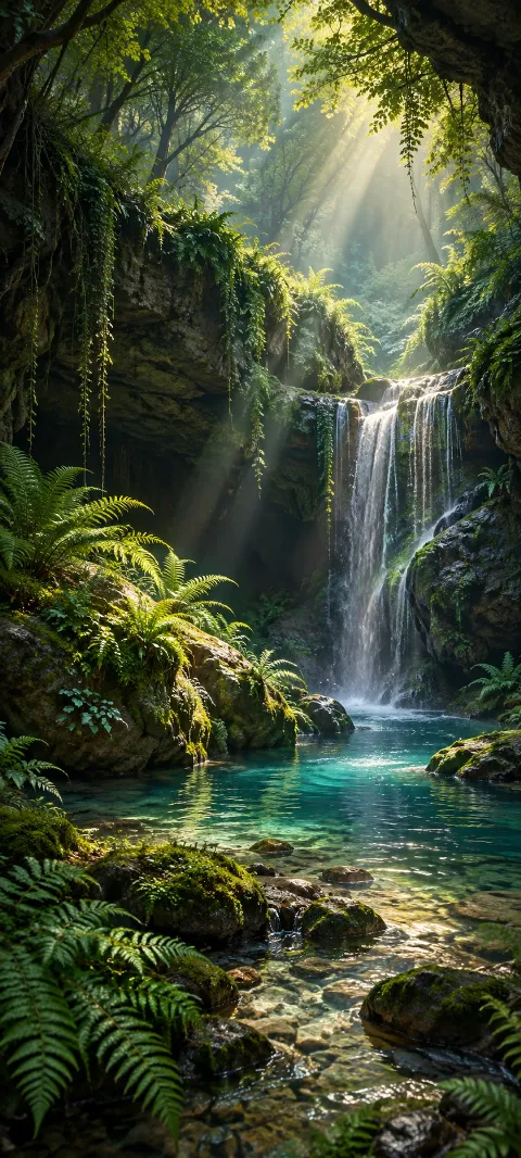 A fern grotto glows beneath a break in the canopy.