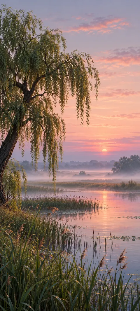 Willow branches above a reed-lined marsh under a pink dawn sky.