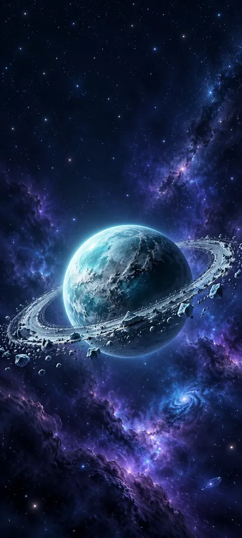 An icy turquoise planet with a broken ring floats before violet nebula clouds.