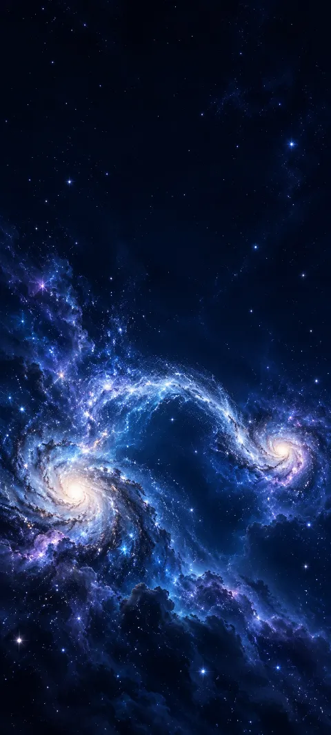 Two luminous spiral clusters connected by an arcing blue cosmic dust bridge.