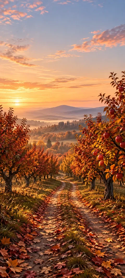 An orchard lane recedes between russet trees and fallen leaves.