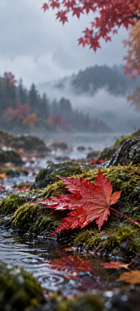 A rain-covered red maple leaf rests on moss beside water.
