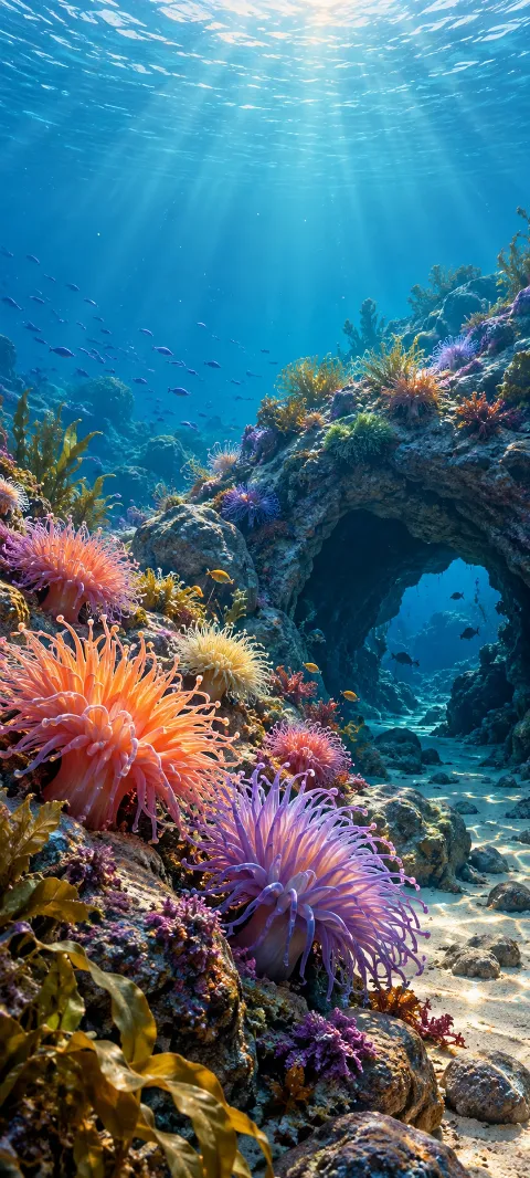 Colorful anemones sway beside a rocky underwater hollow.