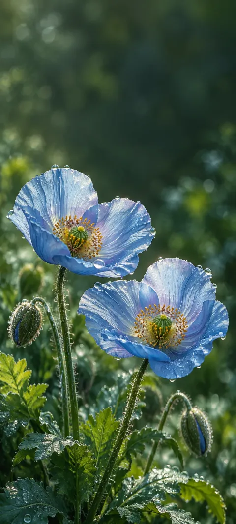 Two blue poppies with dew-covered petals rise above green foliage.