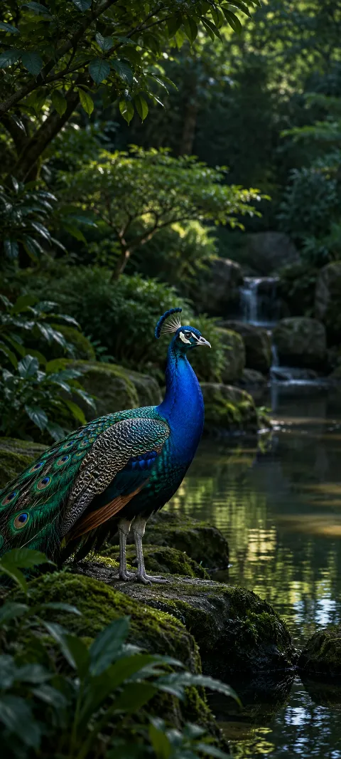 A peacock stands in deep garden shade.