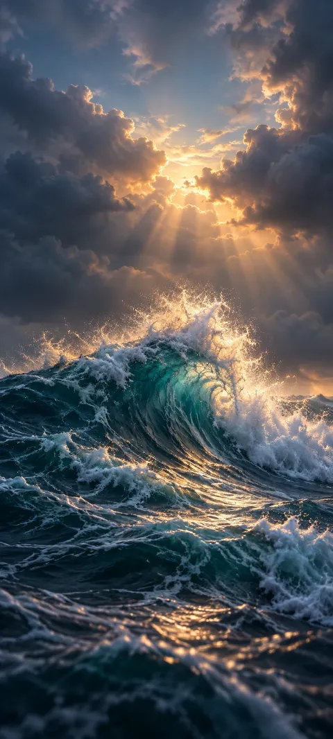 A single breaker rises beneath storm clouds.