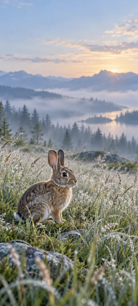 A wild rabbit pauses in silver meadow grass.