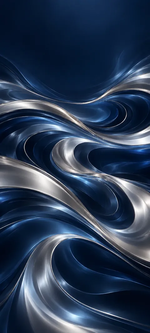 Silver layers pulse through a midnight blue field.
