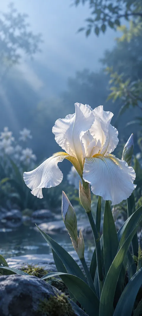 A white iris opens against soft blue garden shadow.