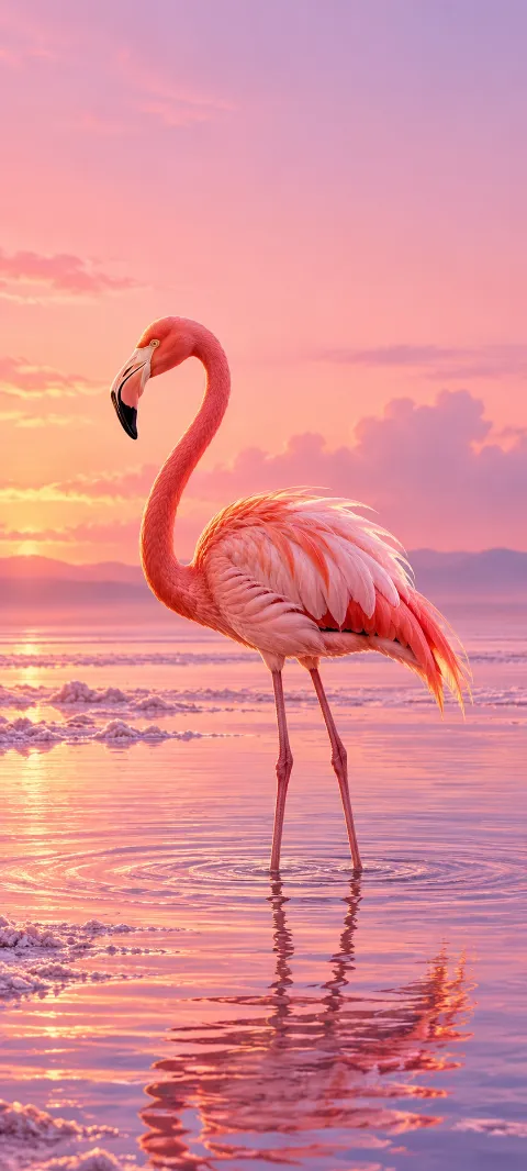 A coral flamingo and its reflection in shallow pink dawn water.
