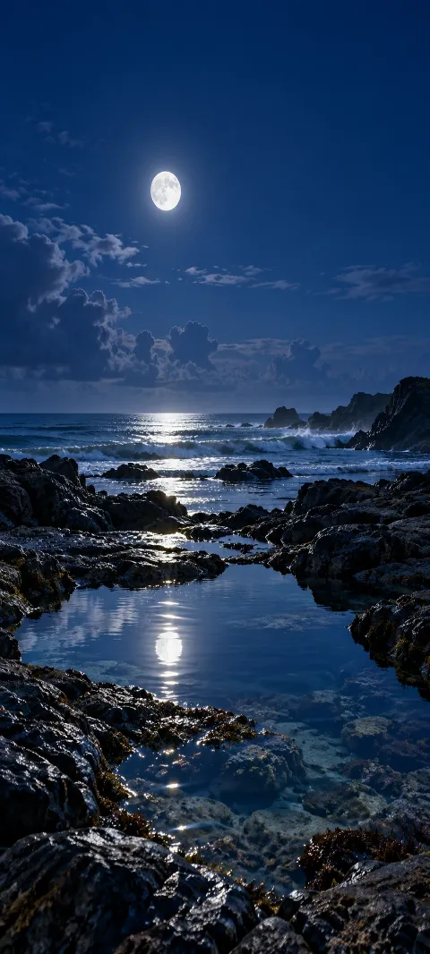 Moonlit tide pools mirror a deep blue sky.