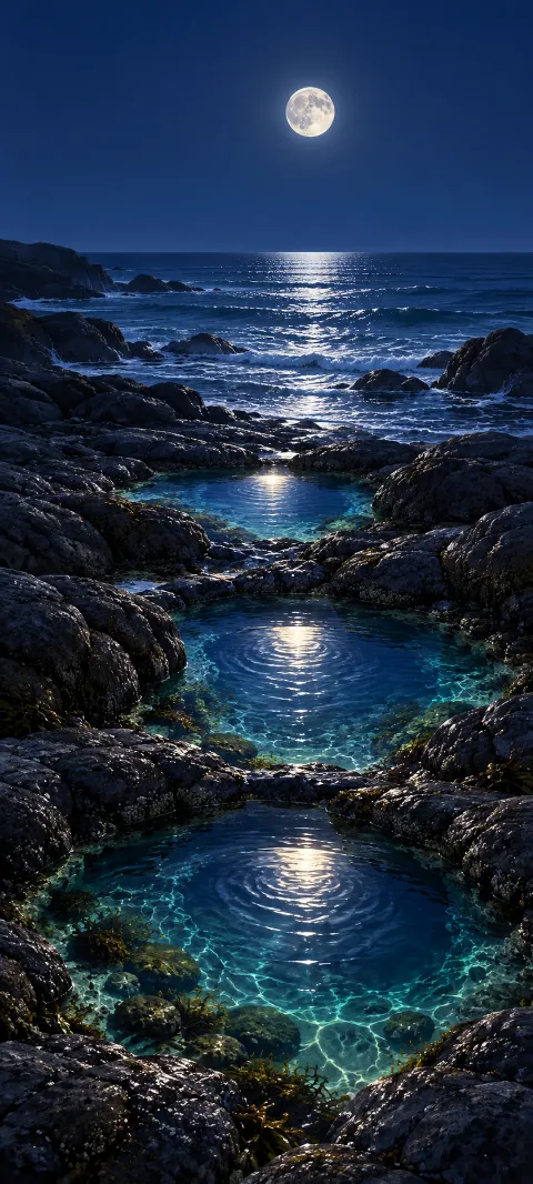 Three turquoise-edged blue tide pools between dark rocks beneath a full moon and ocean horizon.