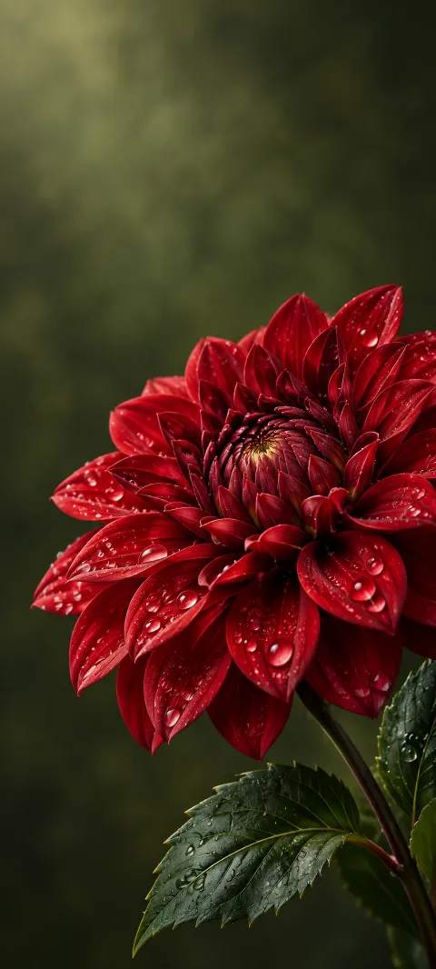 Scarlet dahlia with water droplets and dark green serrated leaves against olive blur.